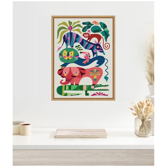 Kate and Laurel Safari Animals Framed Canvas Wall Art by Rachel Lee 18 x 24 Sylvie Natural, Whimsical, Animals, Abstract, Nature Art for Wall Decor, Living Room, Bedroom