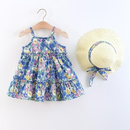 

Huilaibazo Girls Dress Toddler Girls Sleeveless Beach Dresses Flower Prints Princess Dress Hat Set