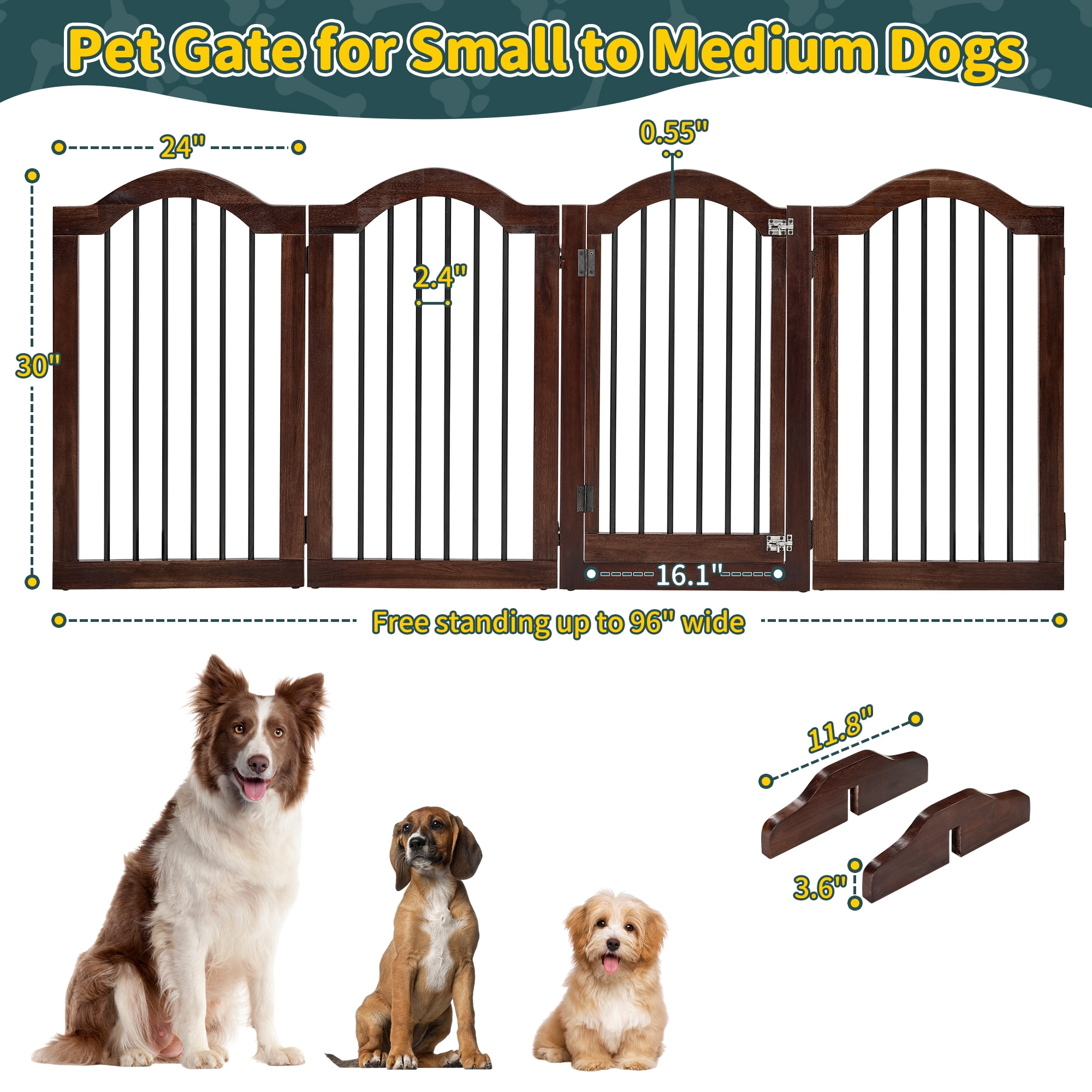 TrumanPick Free Standing Pet Gate with Door 30"H x 96"W Foldable Dog Gate 4 Panels Solid Wooden Dog Fence Indoor with Support Feet for House Doorways Stairs, Brown