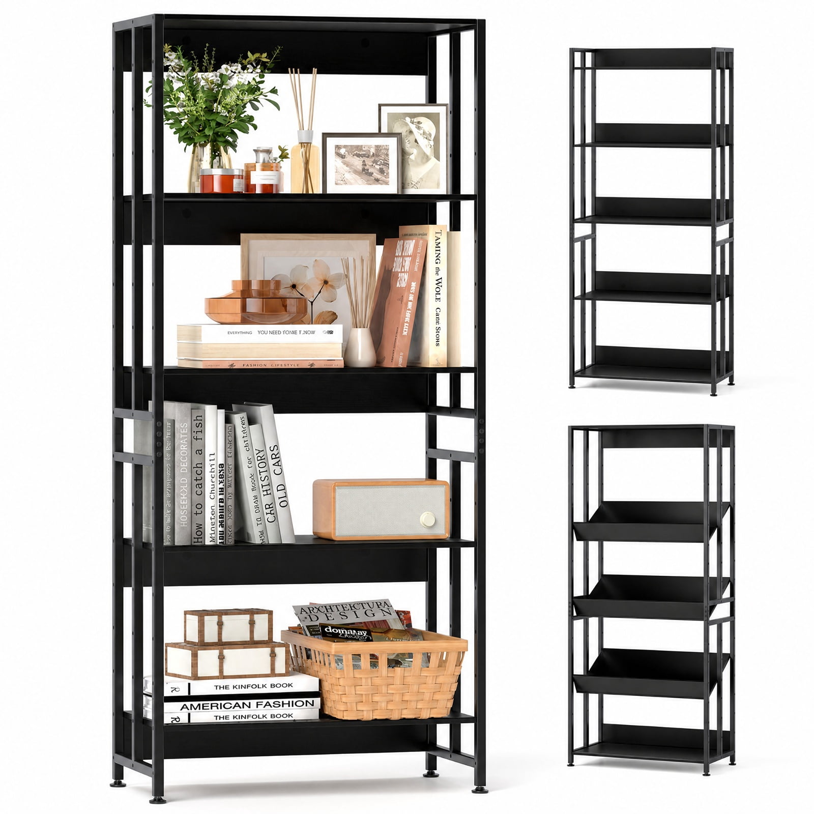 Furnibear 5-Tier Bookshelf with Adjustable and Tiltable Shelves for Living Room Home Office Bedroom Display Storage Shelf, Black