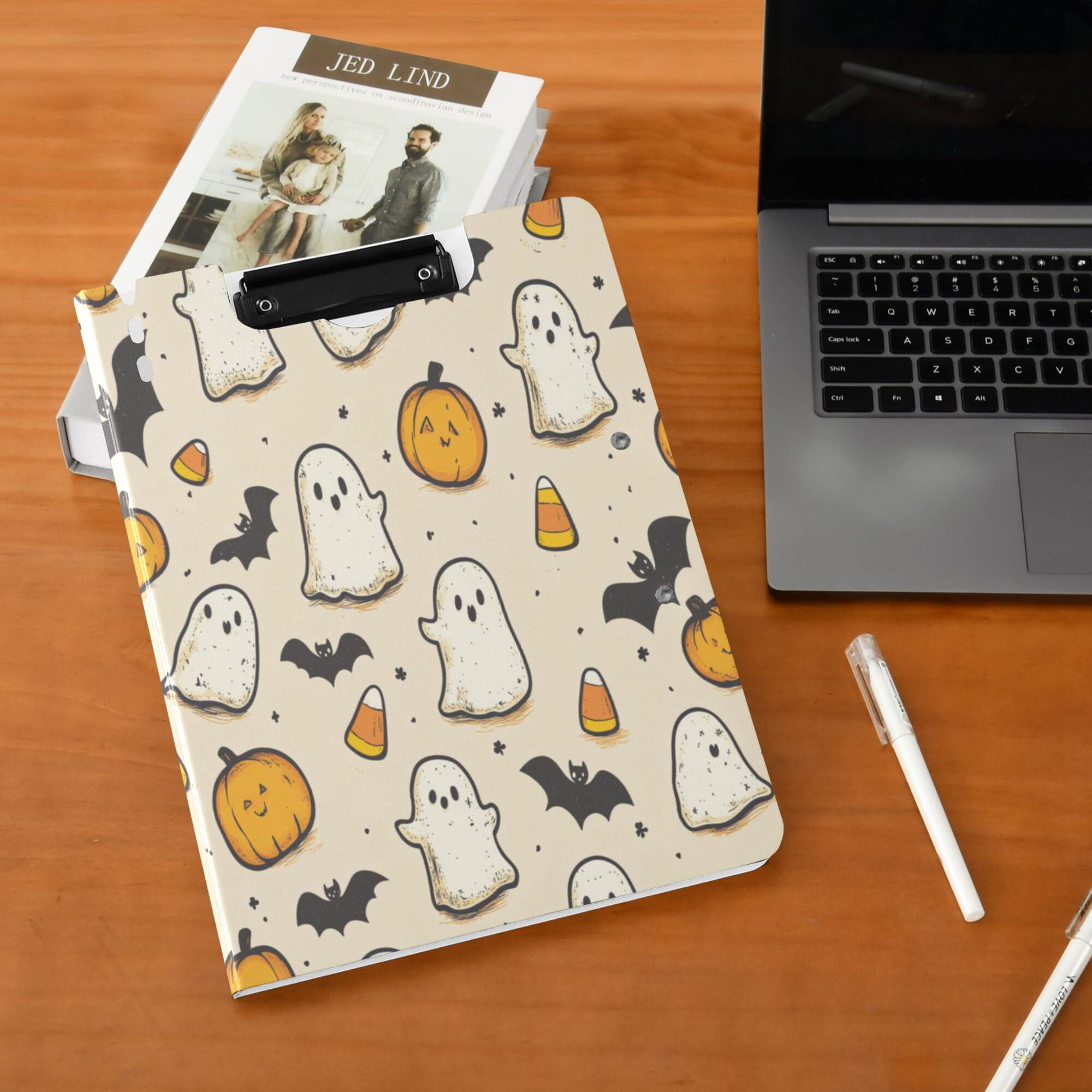 FORMRS A4 Clipboard Folder with Pen Holder Horizontal Foldable School Office Binder, Halloween Cute Ghosts