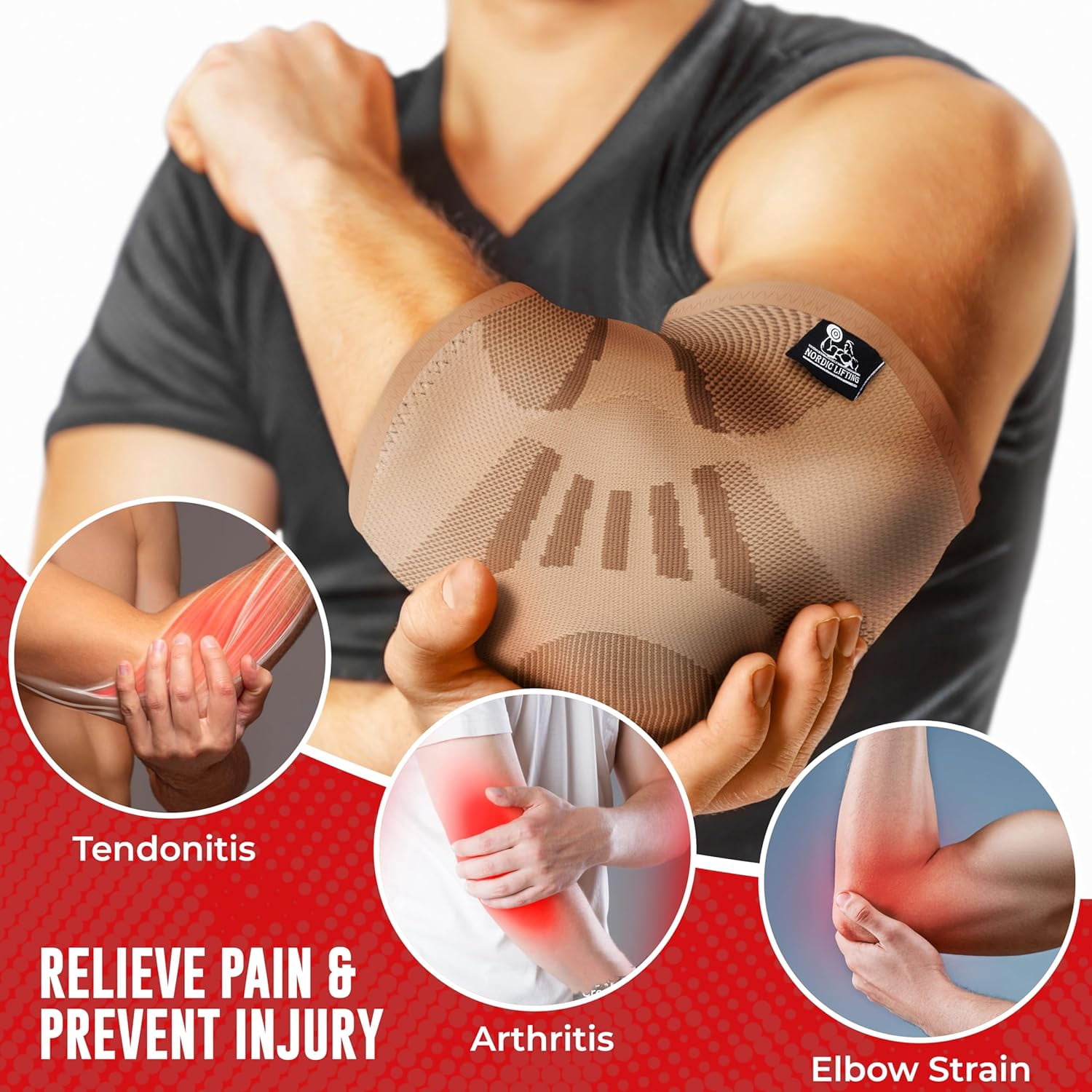 Nordic Lifting Elbow Brace, Elbow Sleeve for Men & Women, Tennis Elbow Brace for Tendonitis, Arthritis, Weightlifting, Golf, 1 Pair, Beige, Large