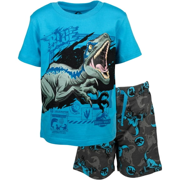 Jurassic World Dinosaur Blue Little Boys T-Shirt and French Terry Shorts Outfit Set Blue / Grey 7-8