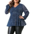 thumbnail image 2 of DARING DIVA Women's Plus Glitter V-Neck Waist Pleat Blouse 1X Navy Blue, 2 of 6