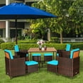 thumbnail image 4 of Costway 9PCS Patio Rattan Dining Set Cushioned Chairs Ottoman Wood Table Top Turquoise, 4 of 12
