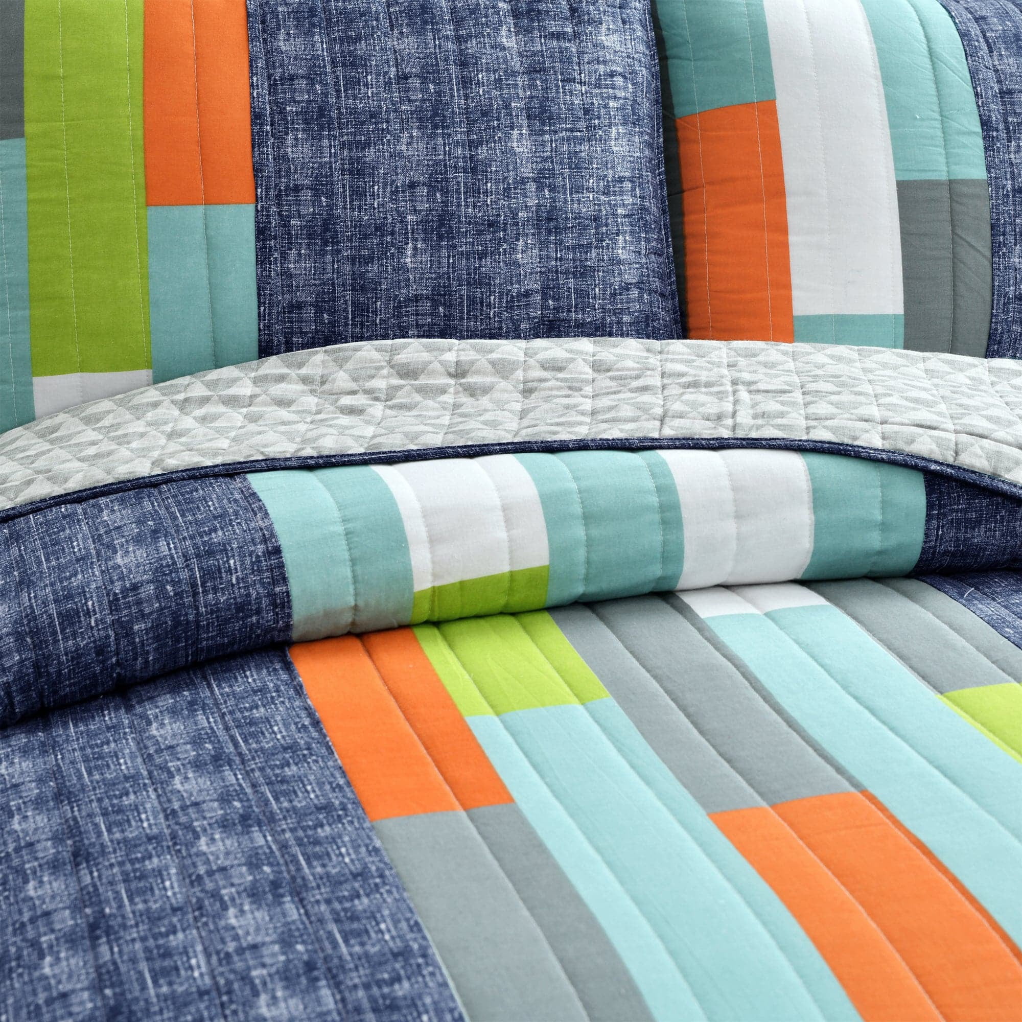 Lush Decor Shelly Orange and Blue Stripe Cotton Quilt Set