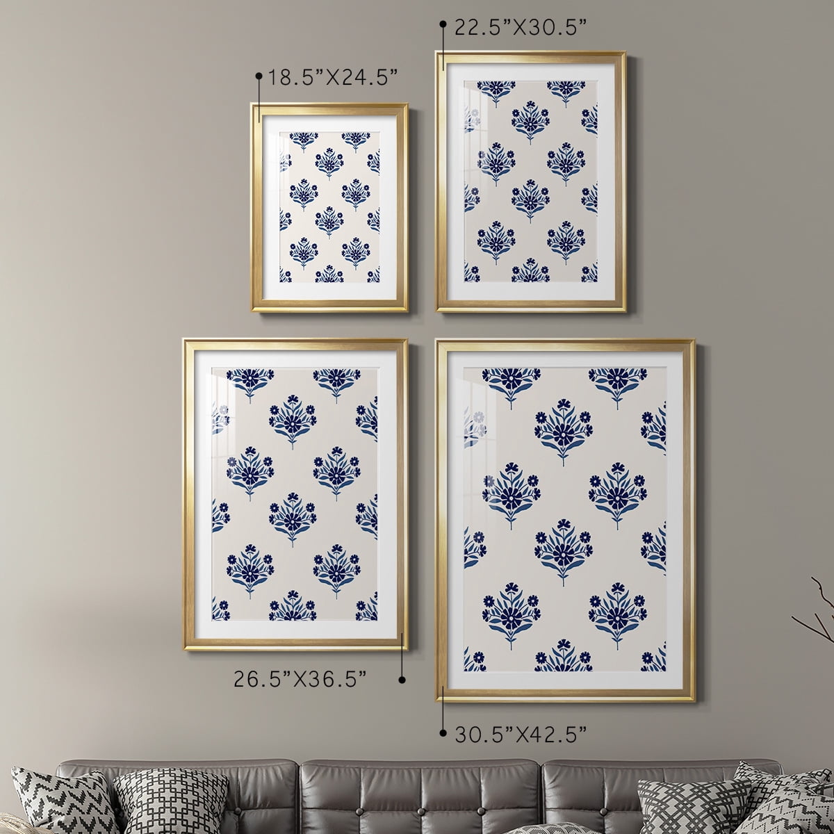 Wexford Home Indigo Bloom Pattern I Premium Framed Print, 18.5" x 24.5" - Ready to Hang, Gold (Set of 2)