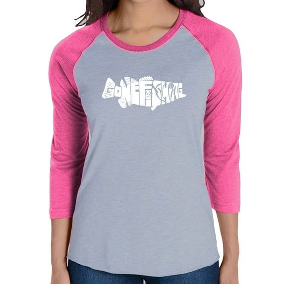 LA Pop Art Women's Raglan Baseball Word Art T-shirt - Bass - Gone Fishing