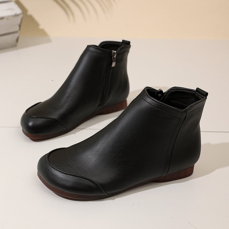Womens Ankle Boots Casual Round Toe Splice Vintage Soft Leather Zip up Short Booties Comfy Nonslip Flat Heel Dress Boots Coffee Size 8.5
