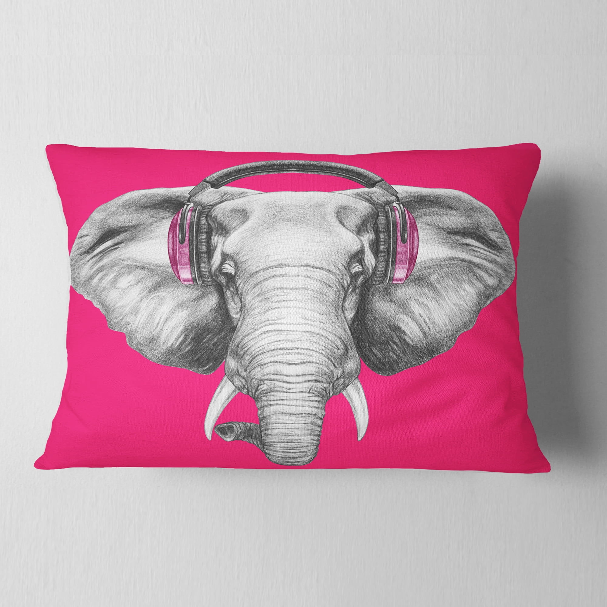 Designart Elephant with Headphones - Contemporary Animal Throw Pillow - 12x20
