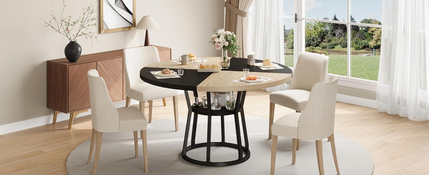 47.2" Round Dining Table for 4-6, Farmhouse Kitchen Table with Storage Shelf, Modern Wood and Metal Circle Table for Dining Room, Natural and Black