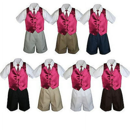 

4pc Set Boy Toddler Formal Burgundy Vest and Necktie Black Khaki Shorts S-4T