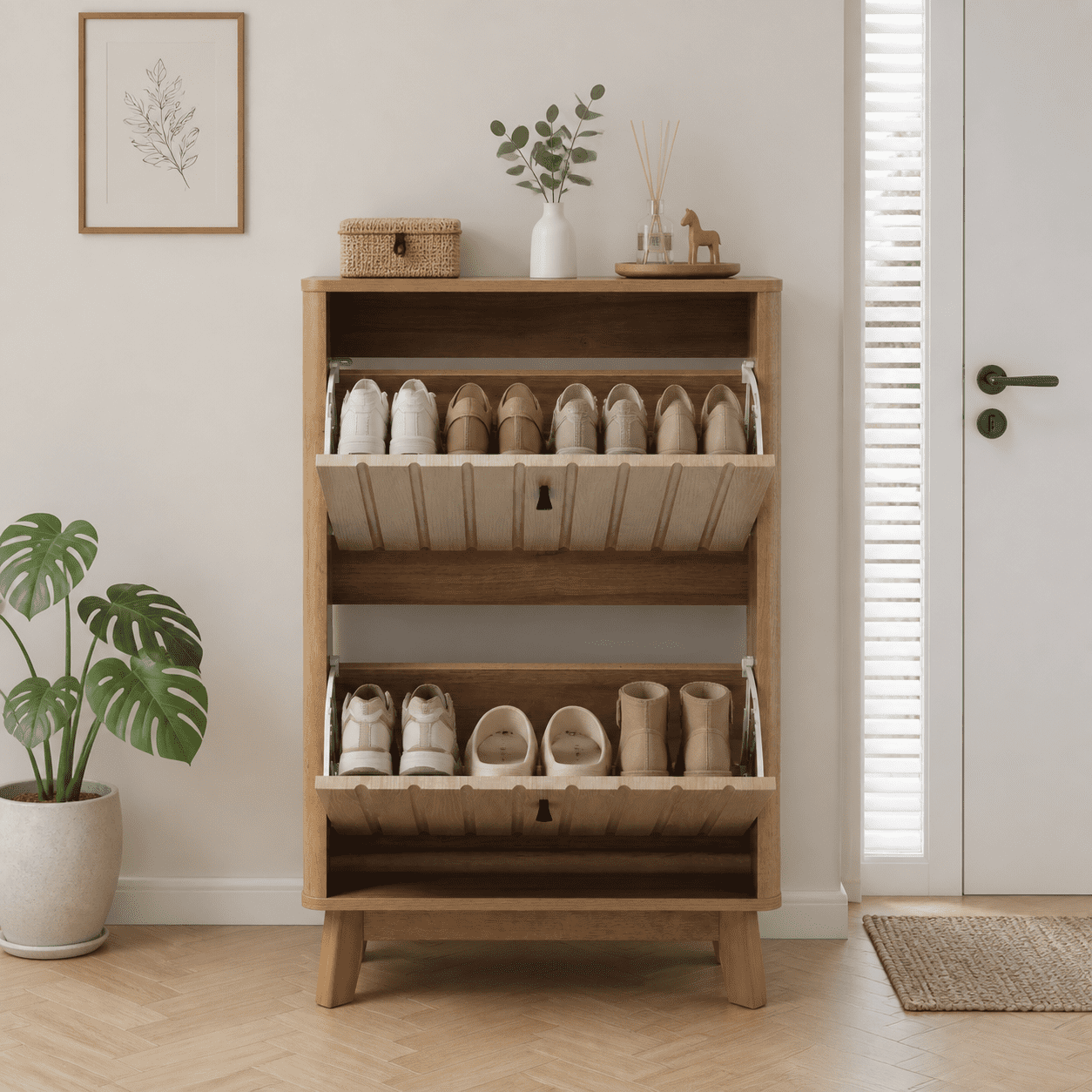 23.6-Inch Entryway Shoe Cabinet with Flip-Down Design and Adjustable Shelves, Ultra-Thin Shoe Rack and Dustproof Storage Organizer for Hallway, Oak