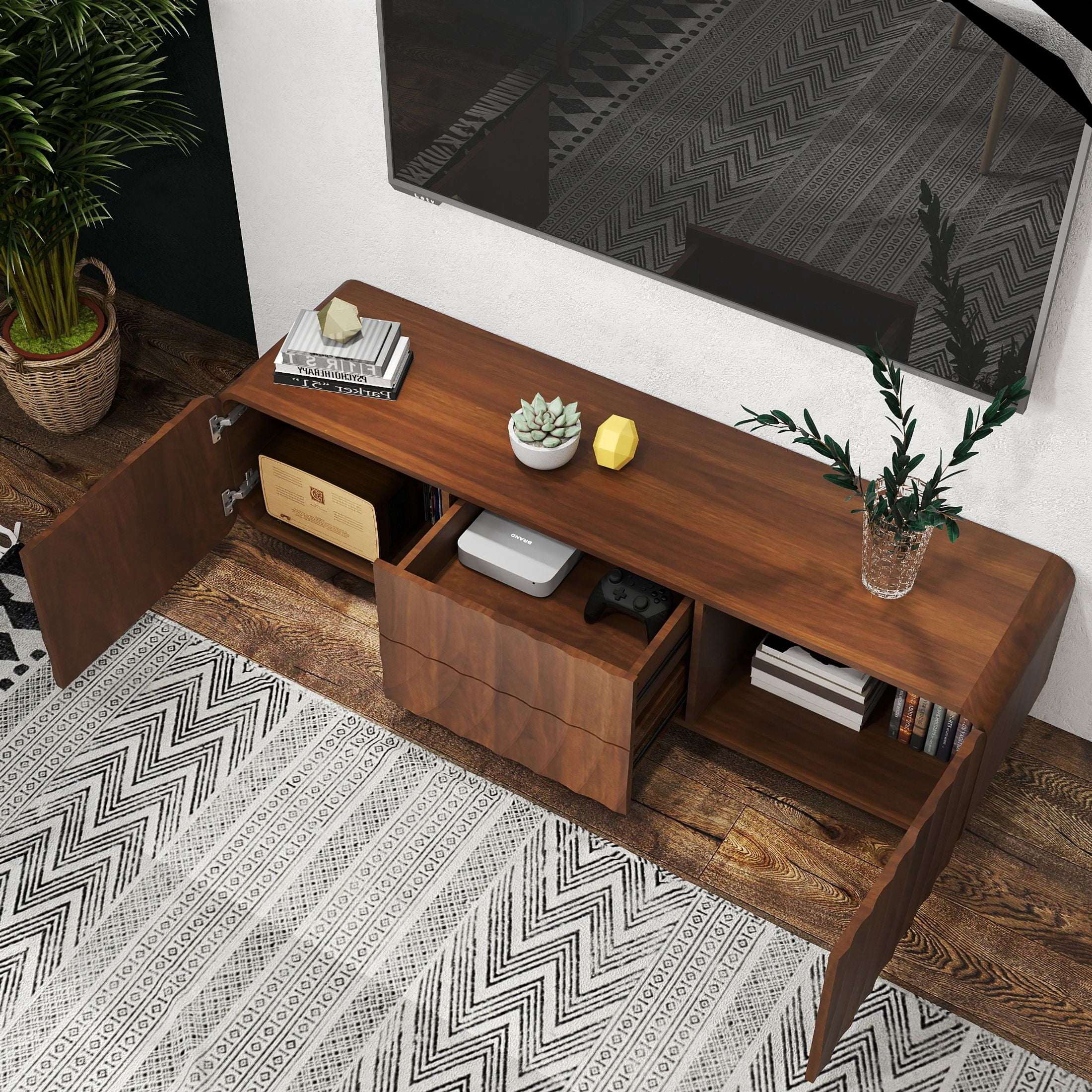 Noble House Mavor 58" Modern TV Stand Console with Storage Drawers, Spiral Wave Pattern Cabinet for Living Room, Walnut