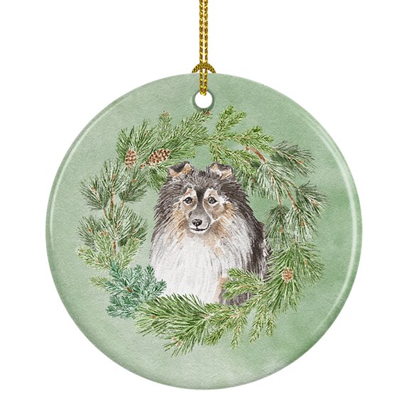 Sheltie/Shetland SheepdogTricolor Smiling #2 Christmas Wreath Ceramic Ornament 2.8 in x 2.8 in