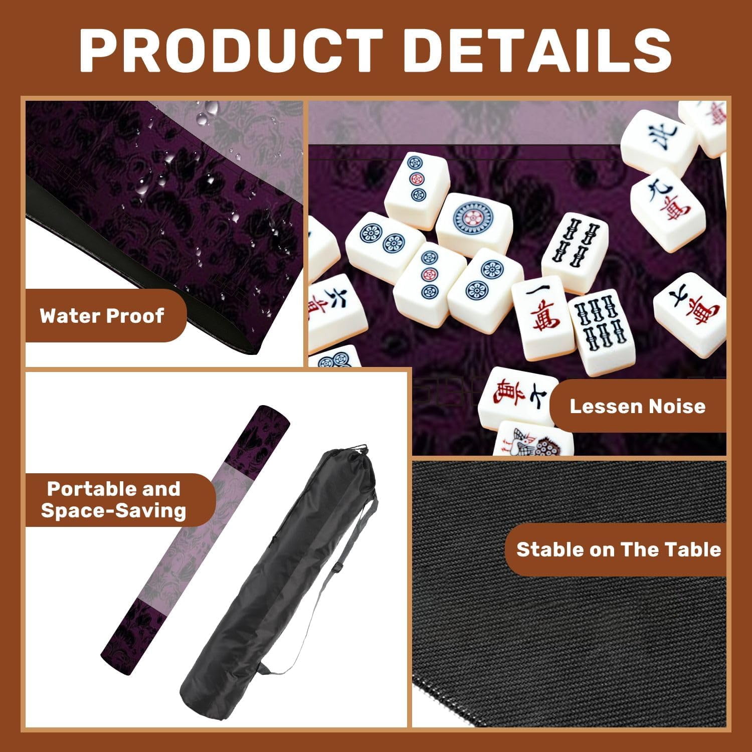 Mahjong Mat 31.5" x 31.5" Royal Vintage Gothic Dark Purple Black Royal Vintage Non-Slip Noise Reduction Mahjong Tiles Table Cover for Dominoes Poker Card Board and Tile Games