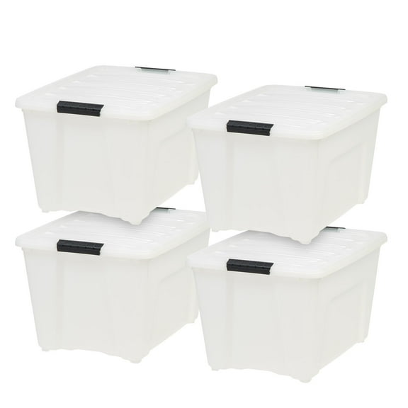 IRIS USA 54 Qt Stackable Plastic Storage Bins with Lids, 4 Pack - BPA-Free, Made in USA - Discreet Organizing Solution, Latches, Durable Nestable Containers, Secure Pull Handle - Pearl