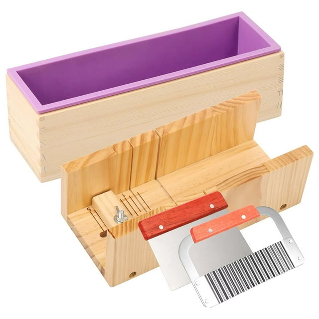 Kit para Hacer Jabón de 1,2 L con Moldes de Madera y Silicona, Molde Rectangular con Cortadores Ondulados y Rectos de Acero Inoxidable