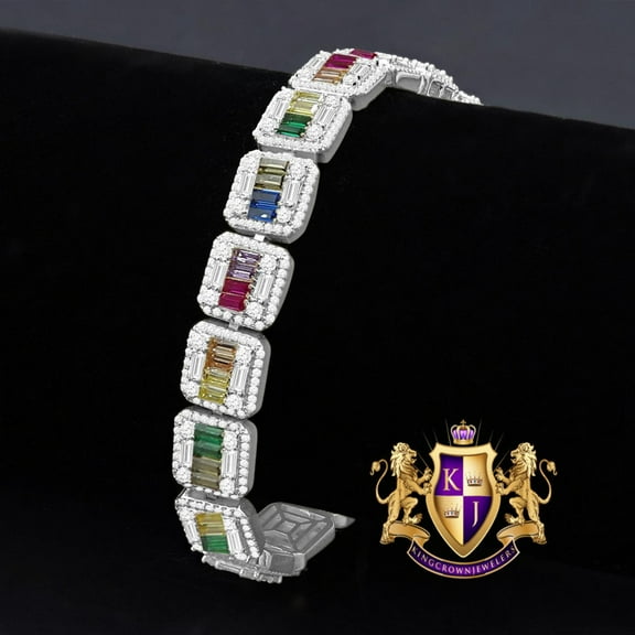 Rainbow Multi Tone Baguette Real Genuine White Gold Sterling Silver Simulated Diamond Tennis Link Bracelet 8.5'' Unisex 35 Grams
