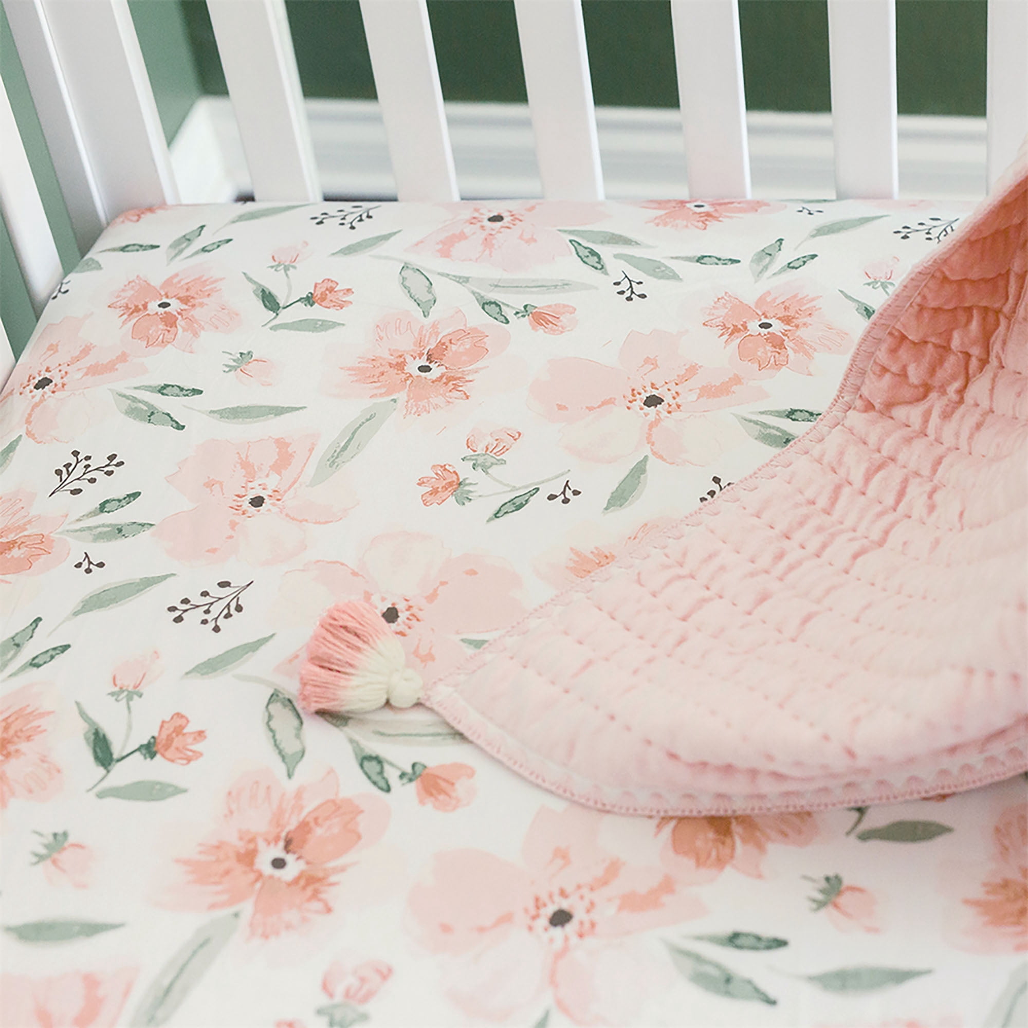 Crane Baby Parker Fitted Crib/Toddler Bed Sheets - Pink Floral 100% Cotton Sateen Crib/Toddler Bed Sheet