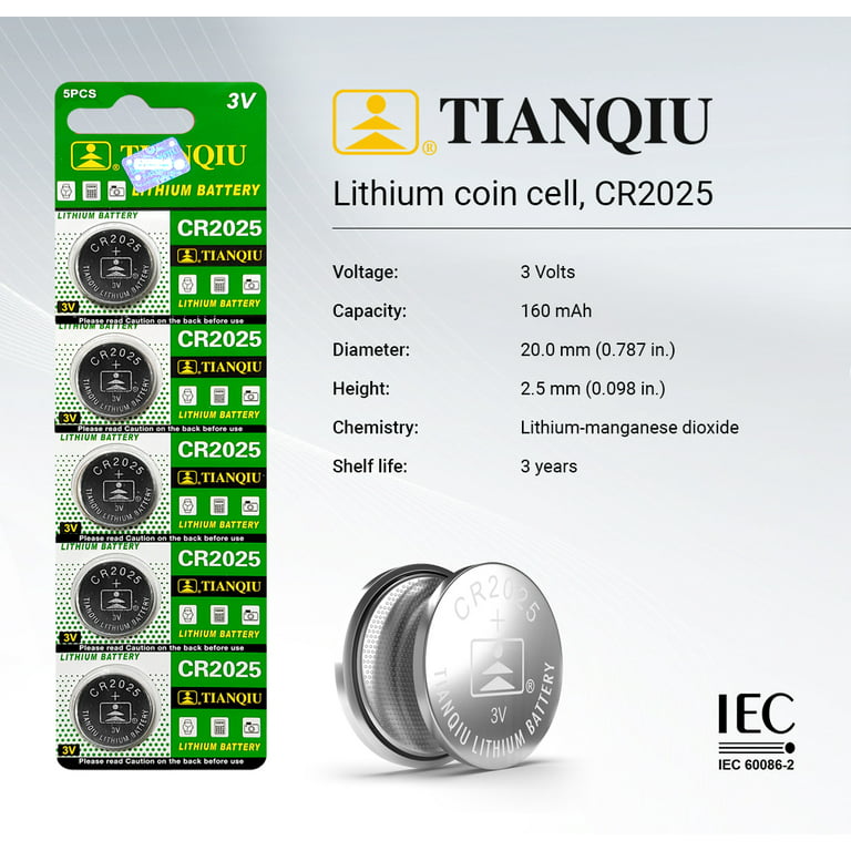 Tianqiu CR2025 3V Lithium Coin Cell Batteries (50 Batteries)