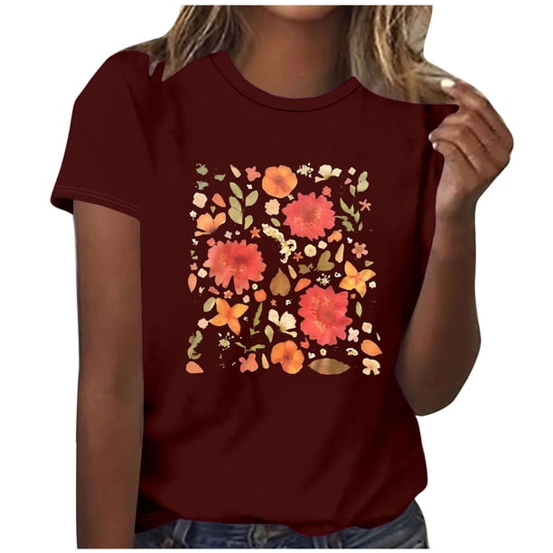Tops Cortos para las Mujeres Blusas Impresas Manga Corta Cuello Redondo, Tops de Blusa para las Mujeres Primavera Verano Casual