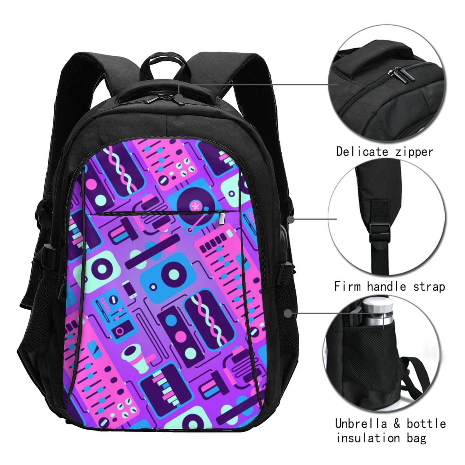 Music Party Audio Neon Night Laptop Backpack with USB Charging Headphone Port Casual Daypack Bag College Business Travel