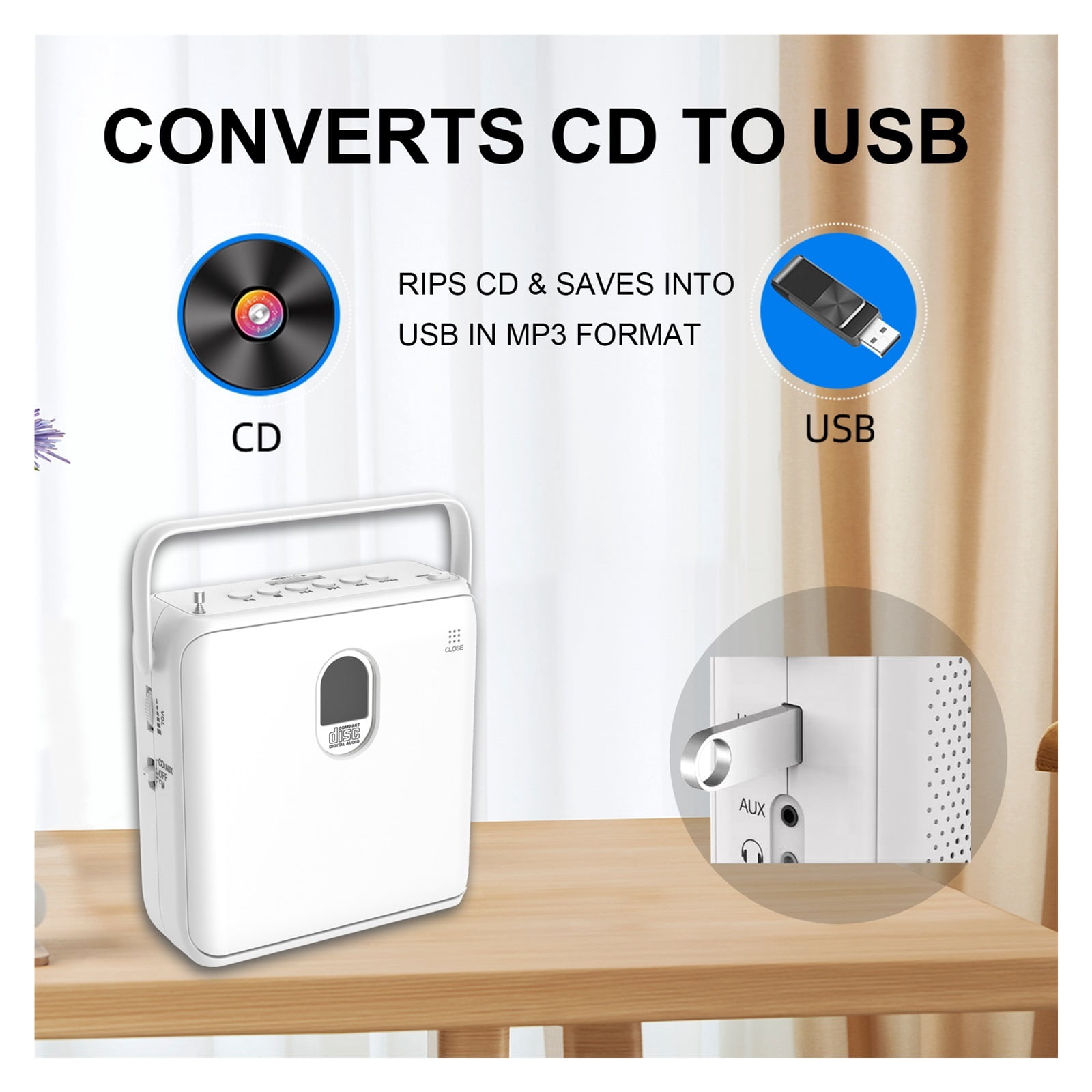 Vertical Portable CD Player with Bluetooth Speakers - USB/MP3 FM Radio Support DC 5V & Battery Power