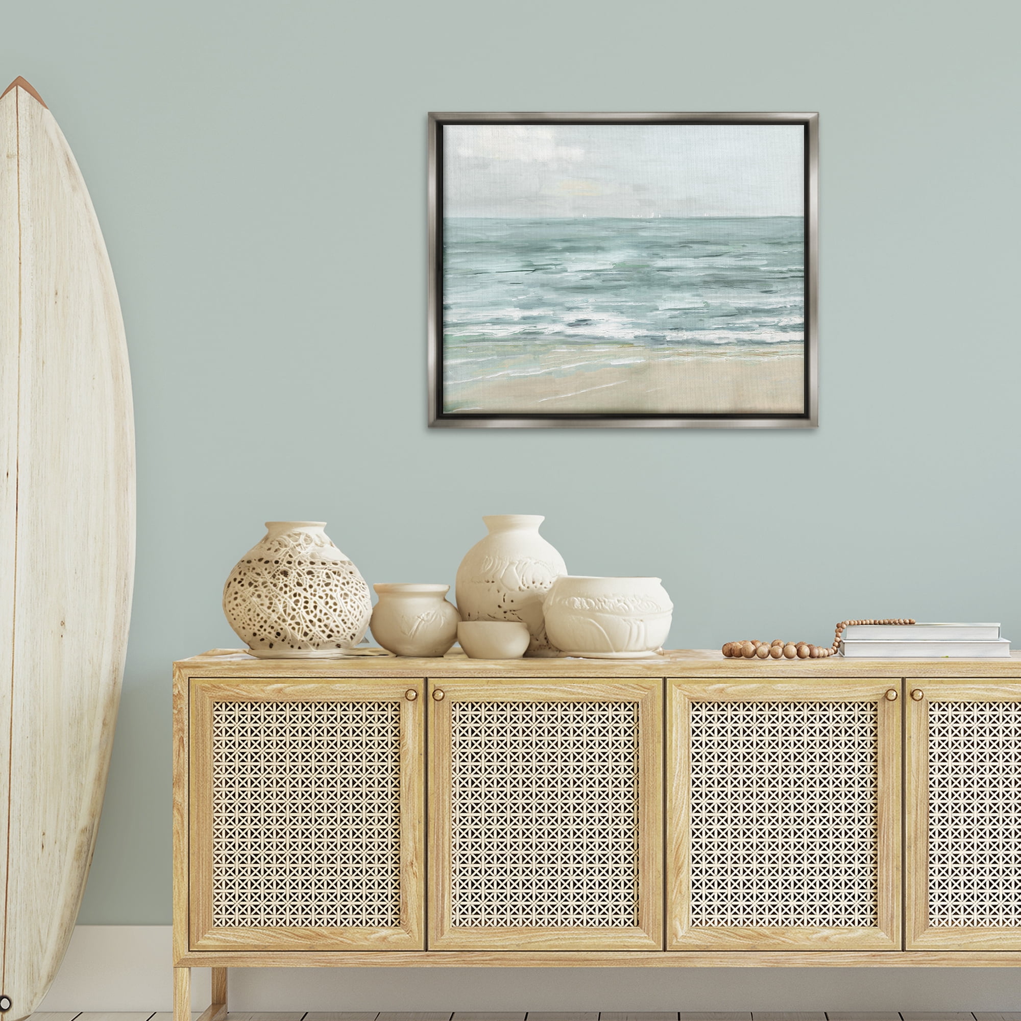 Stupell Industries Brushed Beach Waves Landscape Painting Gray Floater Framed Canvas Art Print Wall Art, 31 x 25