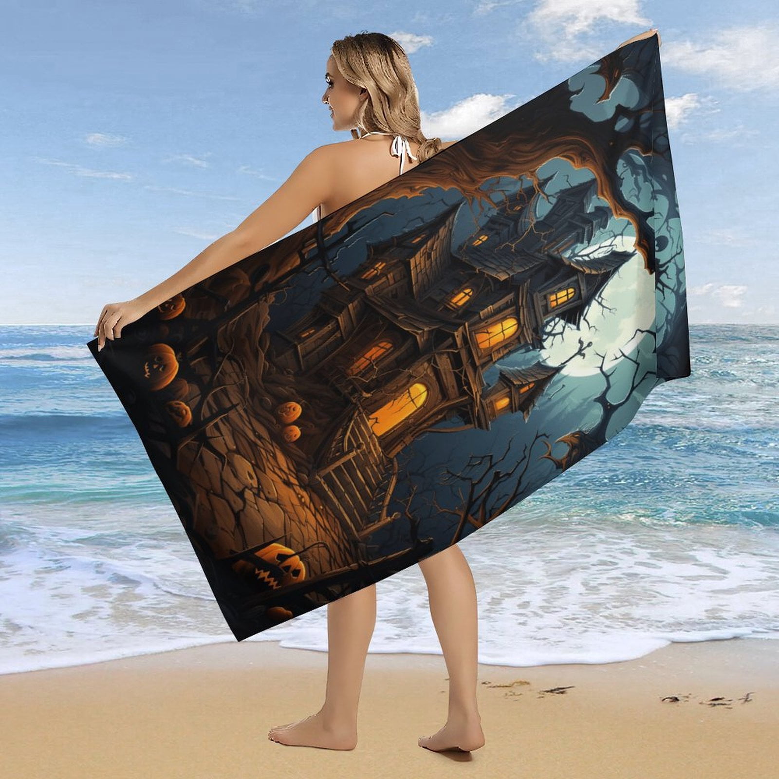 Halloween Scary Night Full Moon Oversized Beach Towel XL Pool Camping Swim Towels 32''x63'' Soft Blanket Accessories Must Vacation Necessities Adult