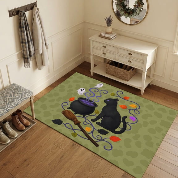 Area Rugs 3'x5', Black Cats Halloween Carpet Runner Indoor Outdoor Rugs Home Decor Aesthetic, Green Botanical Horror Non Slip Mats Washable Accent Rug for Living Room Bedroom