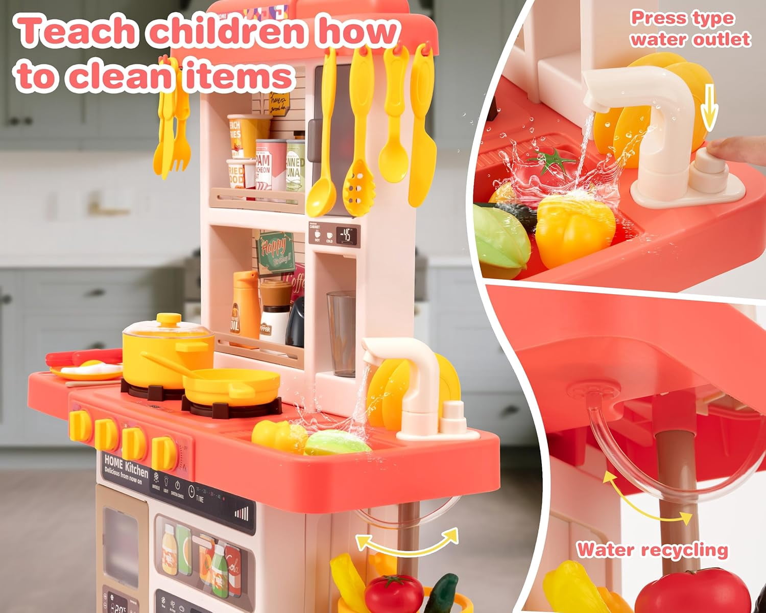 Mundo Toys Spray Kitchen Pretend Playset with Water Circulation Sink and Sound & Light Features, 52-Piece, Ages 3+
