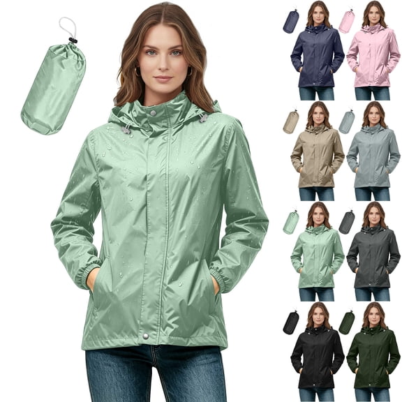 Women Jacket Plus Size Hooded Waterproof Packable Long Sleeve Solid Color Raincoat for Golf Hiking Travel Windbreaker with Pockets