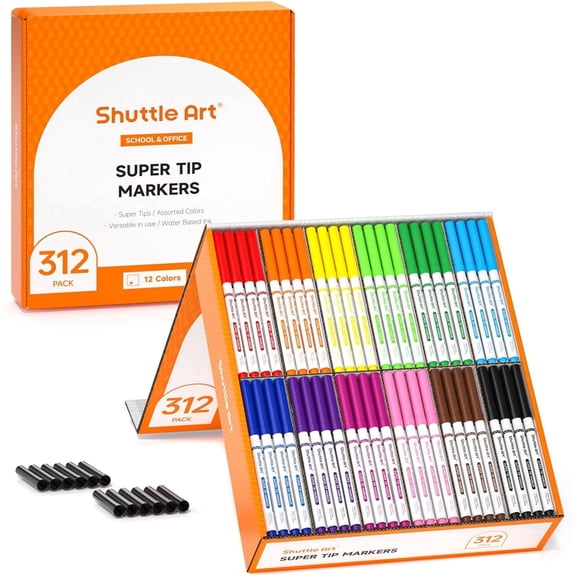 Shuttle Art 312 Pack Washable Super Tips Markers, 12 Assorted Colors Conical Tip Large Markers Bulk with a Box, Bonus Caps