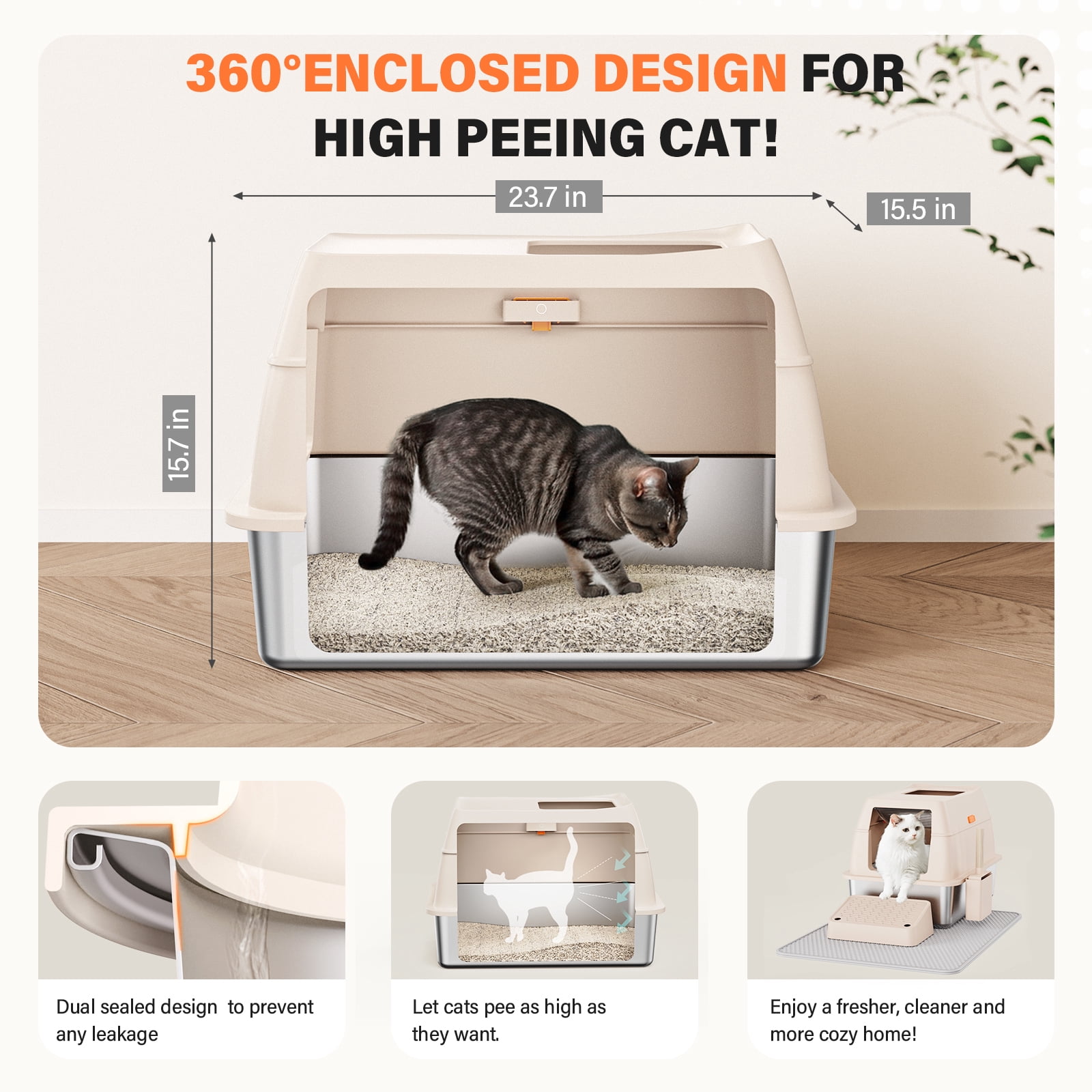 Removable Stainless Steel Cat Litter Box with lid, Front & Top Entry Kitty LitterBox，Cat Litter Box Enclosure, XL Extra Large High-Sided Metal Cat Box with Scoop,Mat,Footboard (Cream)