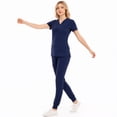 thumbnail image 4 of Xfvqtps Scrub Set for Women Solid Color V-Neck Stretch Scrub Top Elastic Waist Jogger Scrub Pants with Pocket Short Sleeve Working Nursing Uniforms Set Navy, 4 of 9