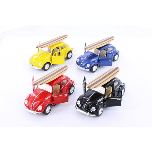 Kinsmart 1967 Volkswagen Beetle Hardtop w/ Surfboard Diecast Car Set - Box of 12 1/32 Scale Diecast Model Cars, Assorted Colors