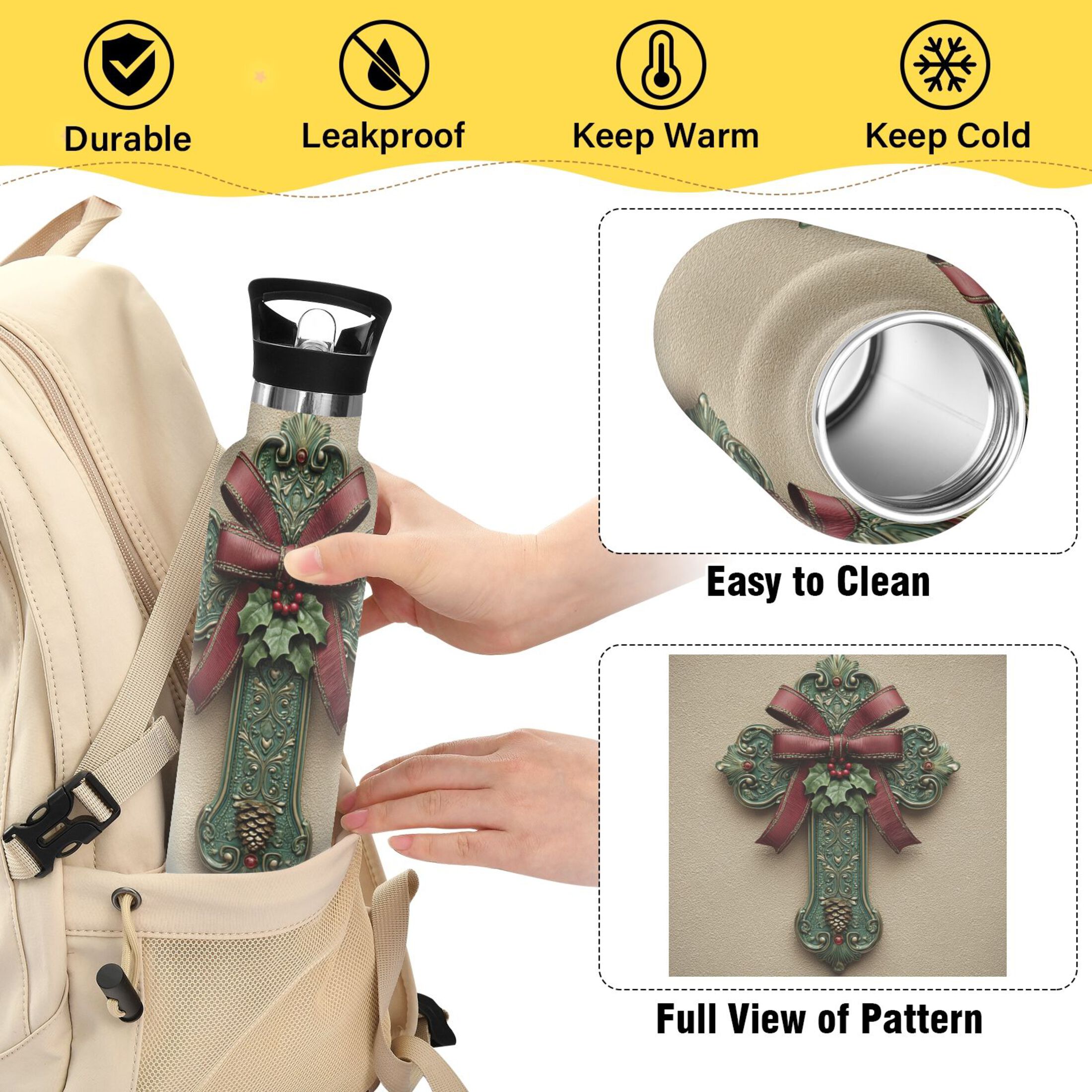 600ML Stainless Steel Insulated Cup Sports Water Bottle Portable Thermos Cup Water Glasses Insulated Tumblers Convenient and Durable Green Christmas Cross