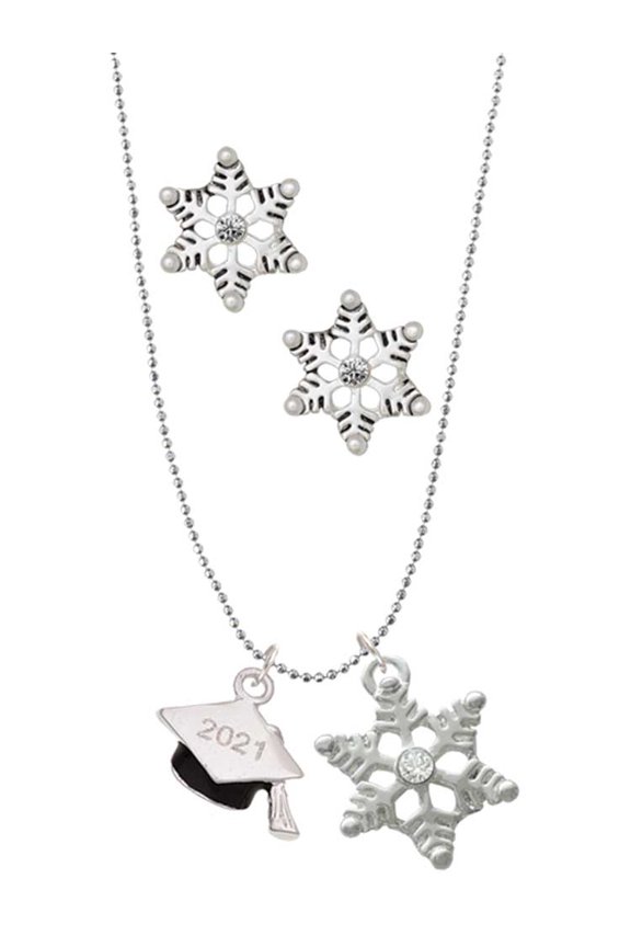 Silvertone 3-D Graduation Hat with 2021 Silver tone Snowflake Charm Necklace and Stud Earrings