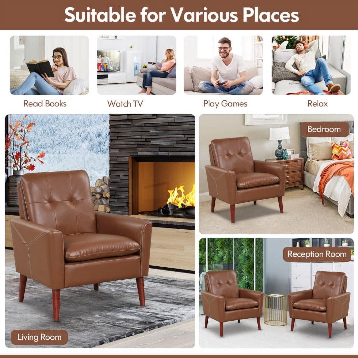 Finihen Upholstered Accent Armchair, Modern PU Leather Accent Chair with Solid Wood Legs, for Living Room, Bedroom, Brown