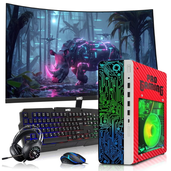 Restored HP G4 Gaming Desktop Computer PC Carbon Red Intel i5,16GB RAM,256GB SSD OS + 2x500GB HDD,32 Inch Curve Monitor,GT 730 Graphics,RGB KBM with AI Copilot,WiFi,RGB Headphone,Windows 11