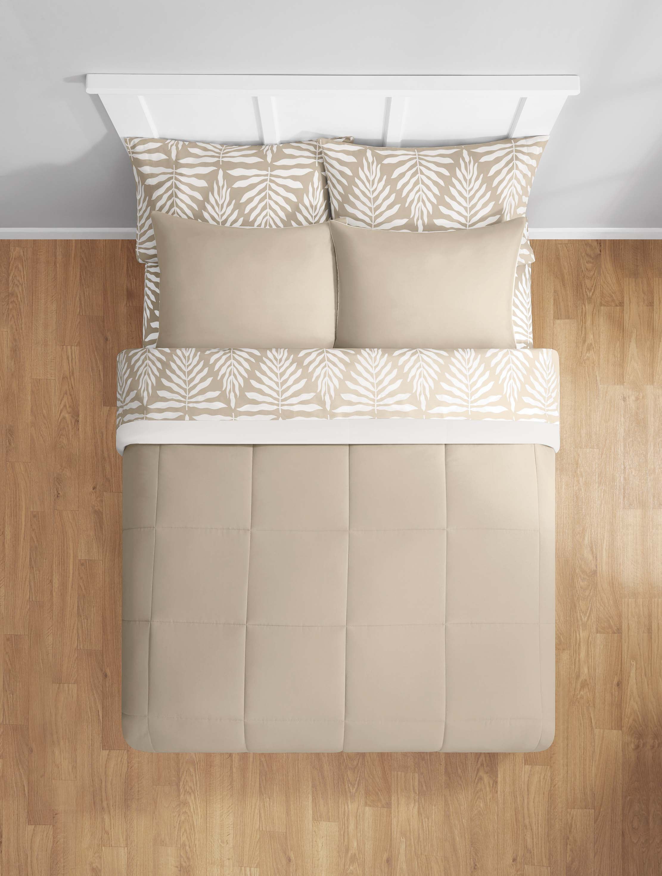 Mainstays All in One Reversible Comforter and Sheet set- 7 Piece, Full, Beige Palm