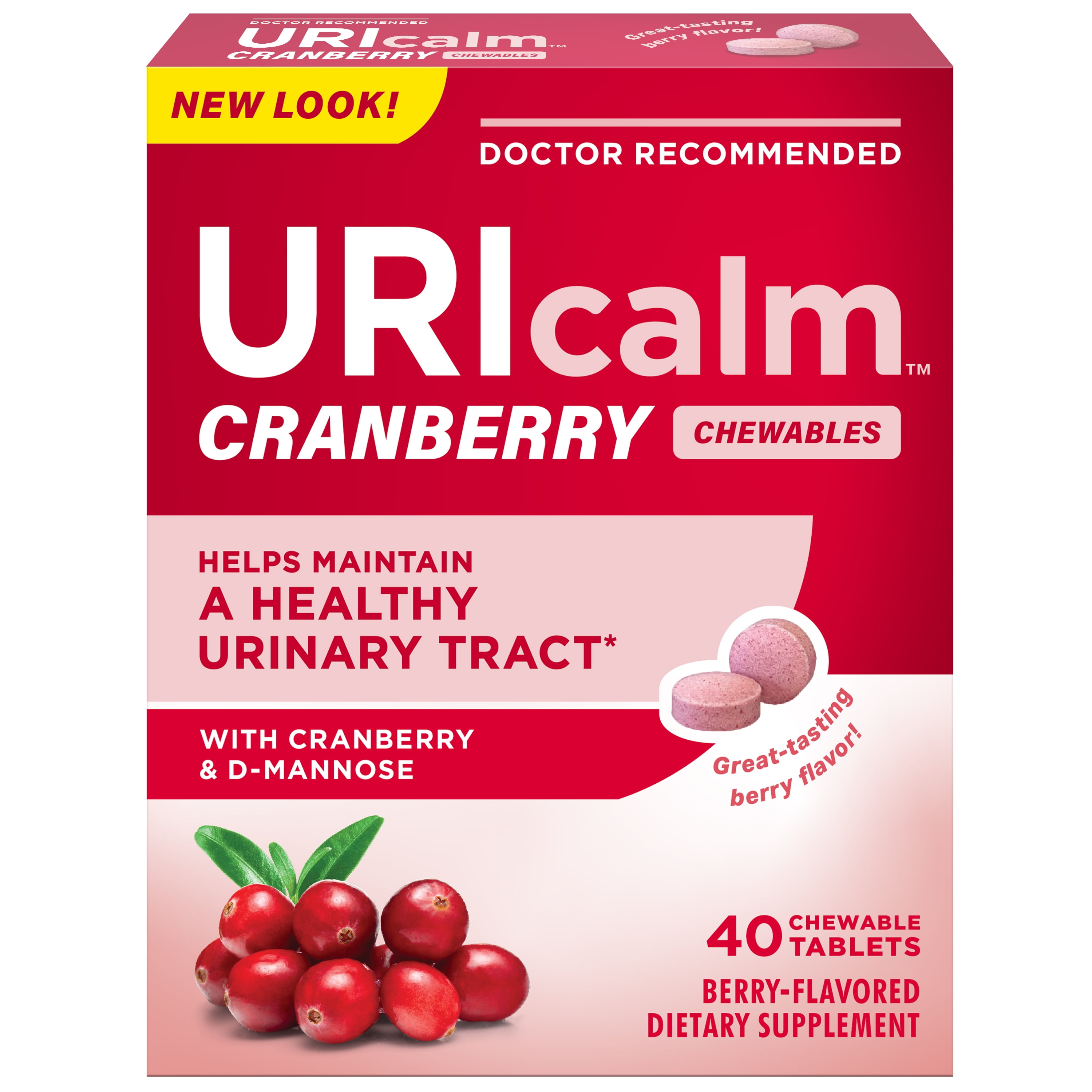 (2 pack) URIcalm Cranberry Urinary Tract Health Supplement, Chewable, Women's Health, Berry Flavor, 40 Count