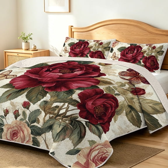 FIVERAM Floral Quilts for King Bed,3 Piece Red Rose Butterfly Bedspread King Size,Lightweight Coverlet Bedding Set for Women Bedroom Decor