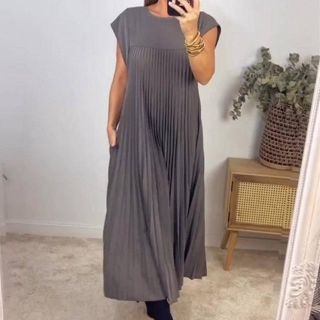 Clearance & Promo,Women's Fashionable Round Neck Sleeveless Pleated Long Dress With Pockets,Sleeveless Dress, Pleated Long Dress, With Pockets Perfect for Work|95%Polyester,5%Spandex,Gray