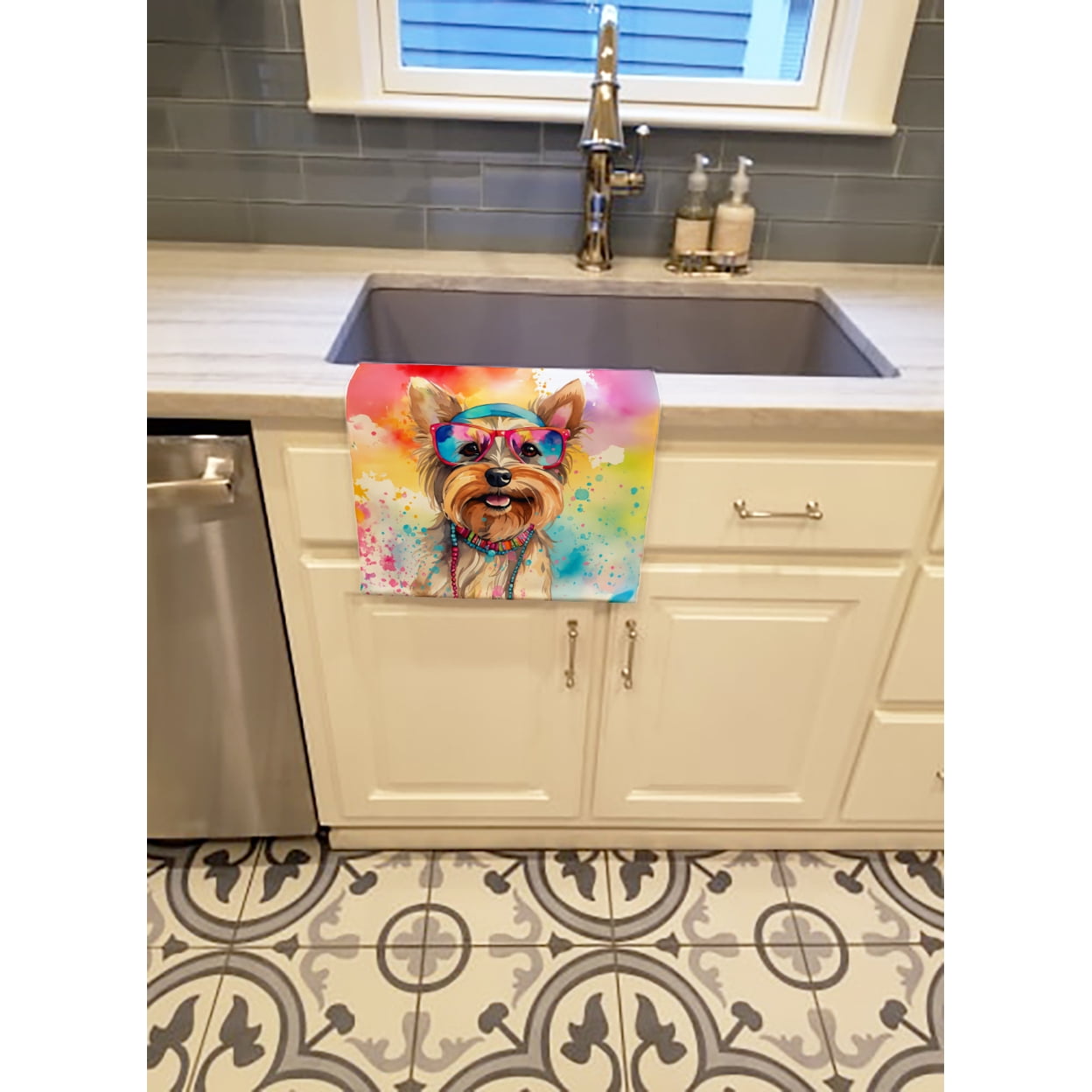 Yorkshire Terrier Hippie Dawg Kitchen Towel 15 in x 25 in