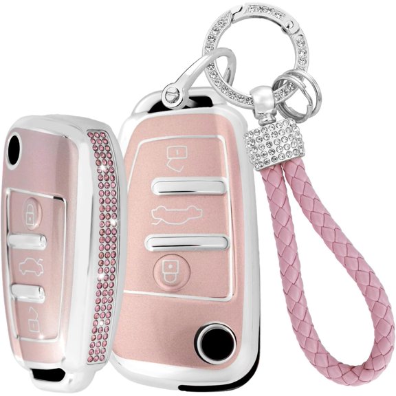 Key Fob Cover Compatible with Audi A3 A5 A5L A6 A6L Q6L Q6 RSQ6 RS6 SQ6 S6 E-tron 2025-2026 Crystal Diamond Keychain Case Holder Protector,Type-A-flip-pink