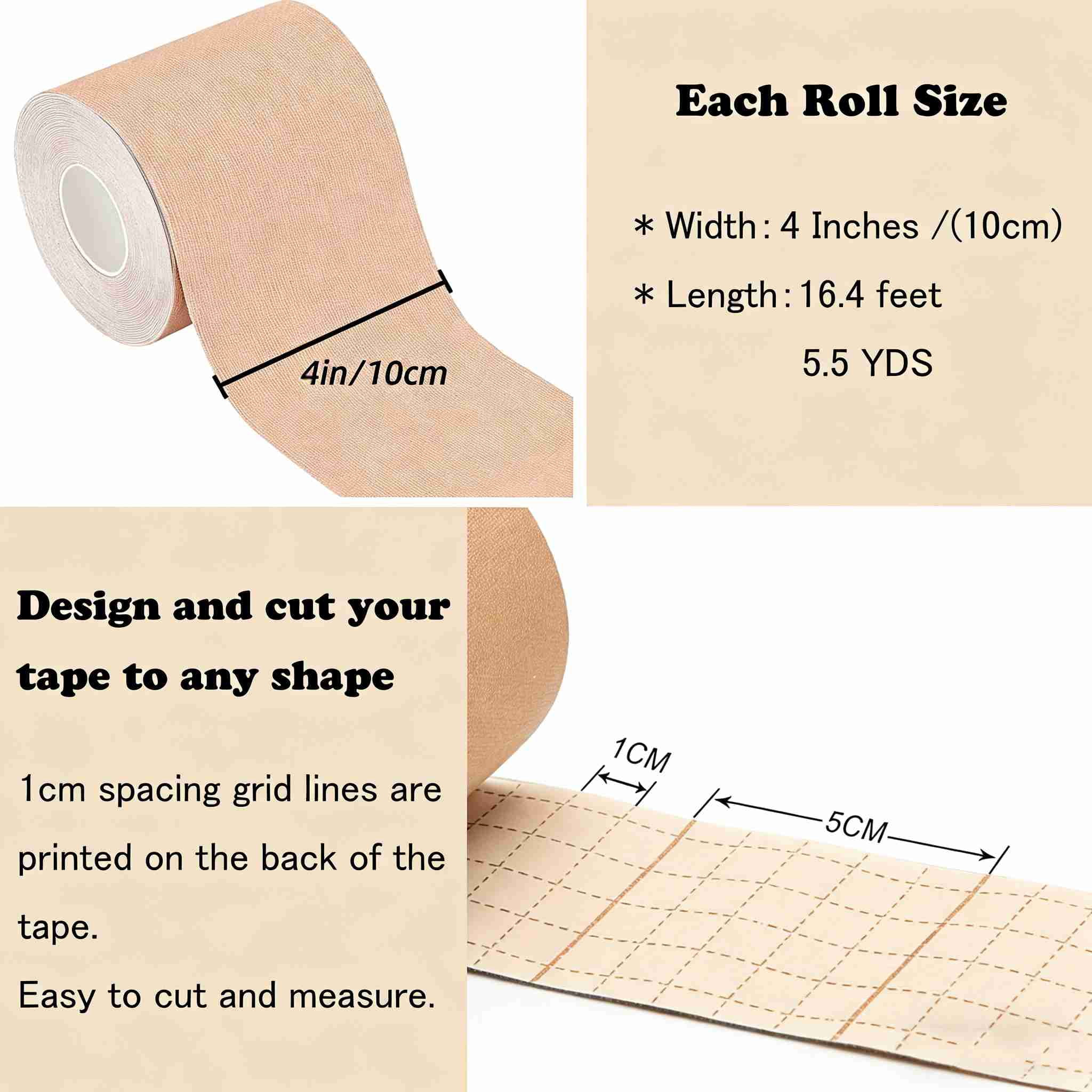 2 Rolls Kinesiology Tape, 4in x 5.5yd Breathable Muscle Support Adhesive Sport Tape for Knee Pain Relief, Latex Free Cotton Elastic Uncut Strips for Joints, Back, Ankle, Shoulder, Wrist(Beige)