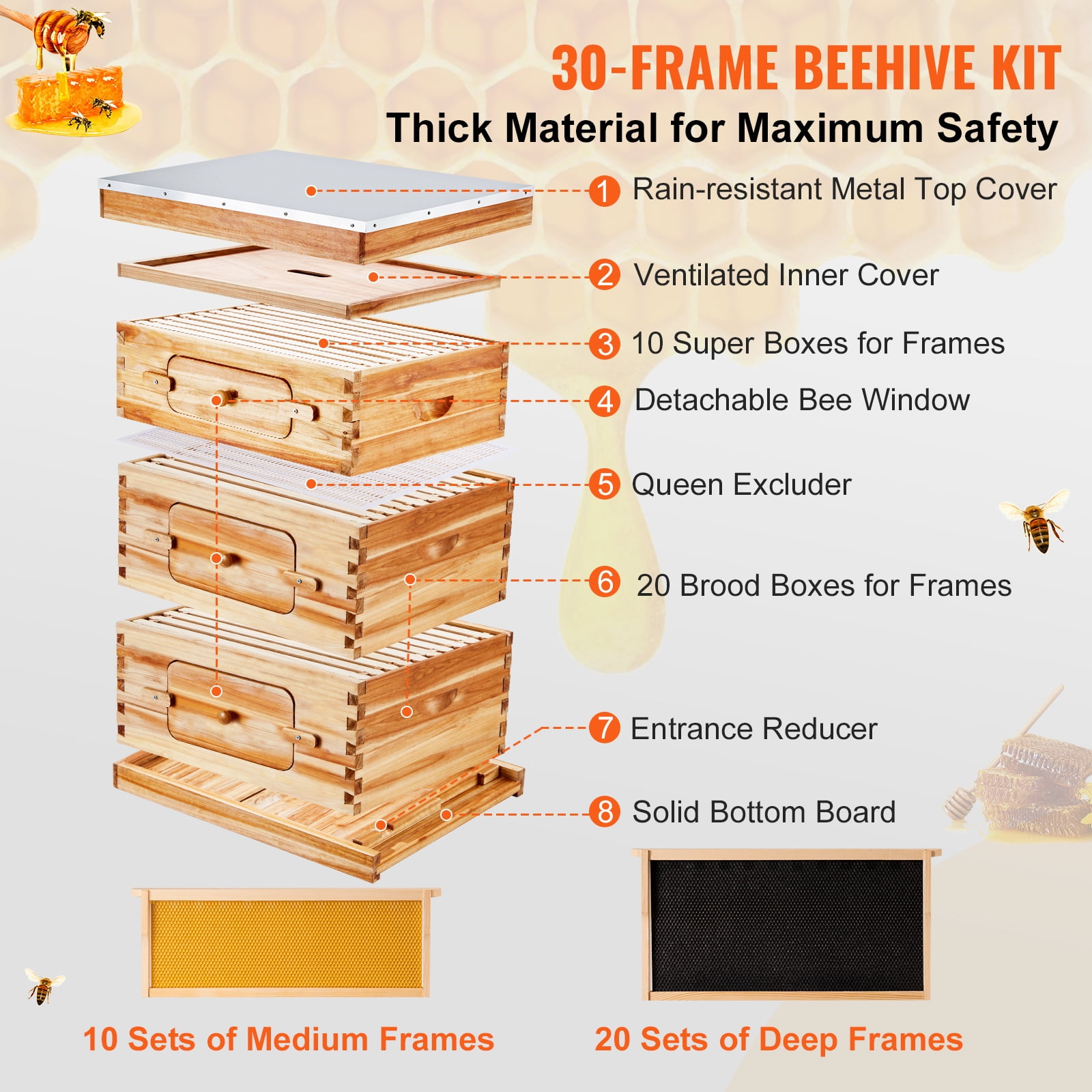 KFFKFF 20 Deep and 10 Medium Frames Langstroth Honeycomb Kit with Acrylic Windows