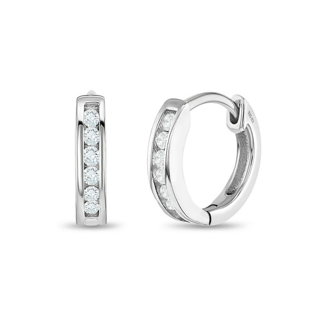 Channel Cubic Zirconia 9mm Earrings Hoop/Huggie Safety Latch - Sterling Silver